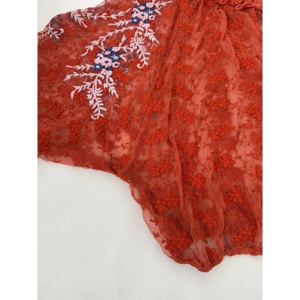 Free People Jubilee Red Sheer‎ Mesh Embroidered Top Blouse Crop Womens Size M